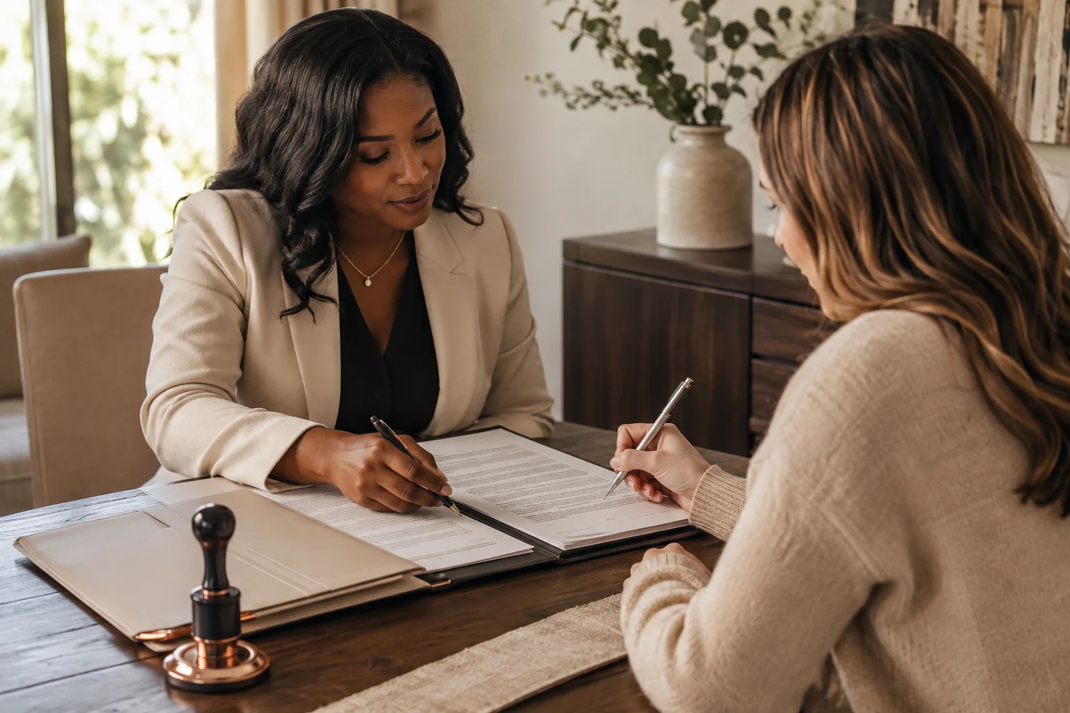 A notary and a client seated at a table, signing a document package, with a notary stamp on the table beside them.