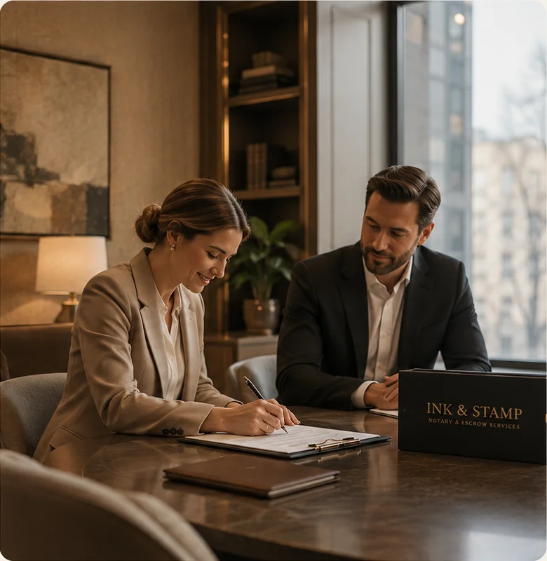 Two professionals reviewing and signing closing documents in a warm office setting.
