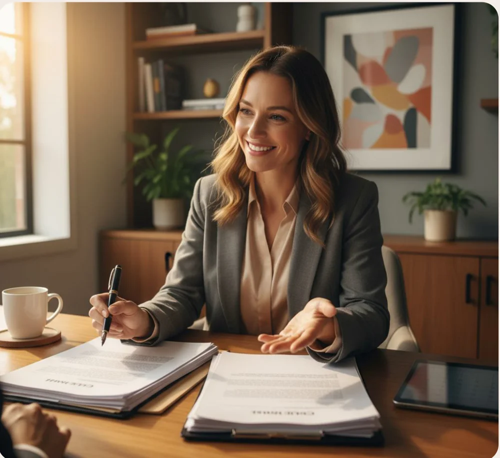 A mobile signing agent at a desk reviewing a document package with a client.