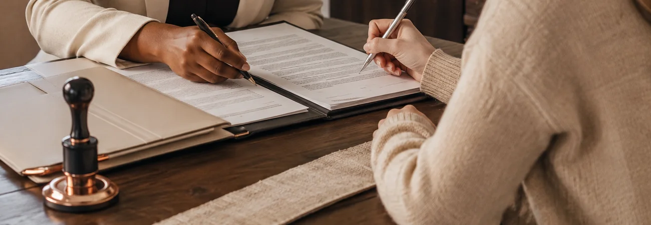 Close view of two people signing a document package at a table, with pens and a notary embosser.