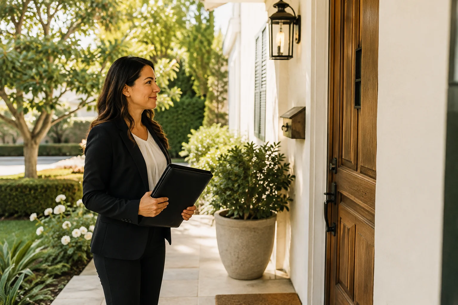 A mobile signing agent arriving at a home, portfolio in hand, at the front door.