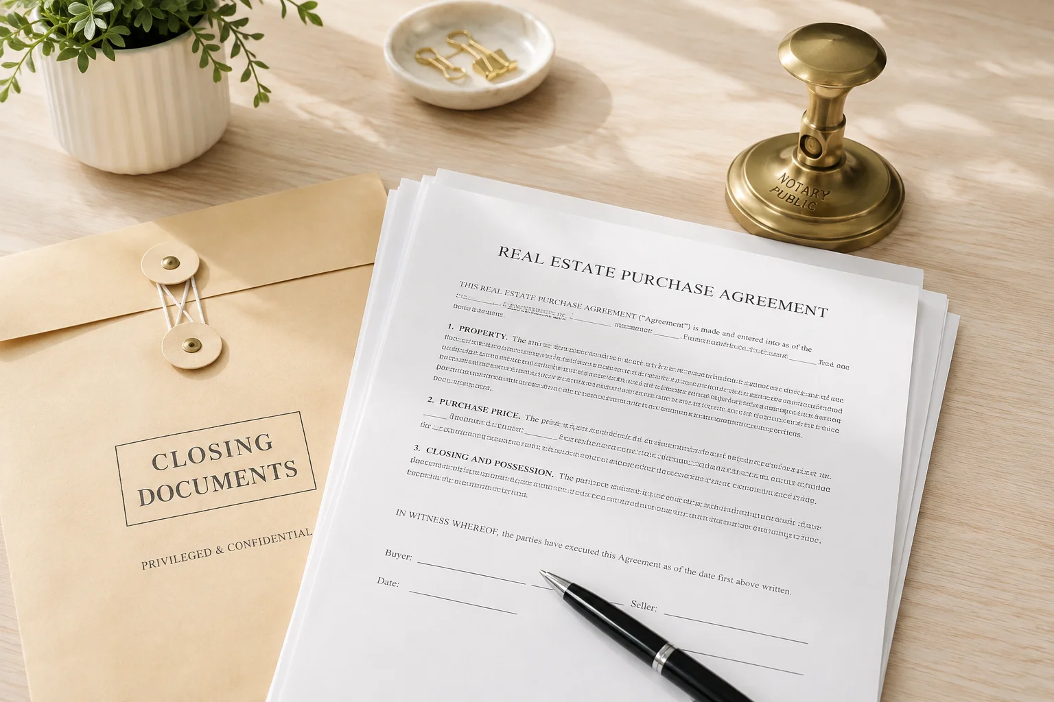Closing documents, a pen and a notary embosser laid out on a table.