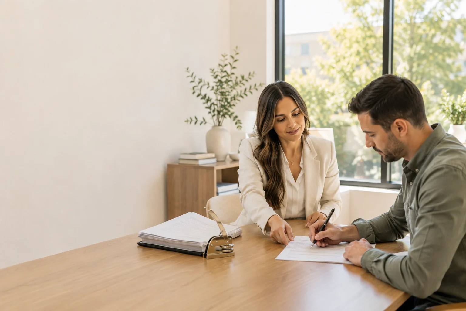 A notary and a client seated at a table, signing a document package beside a stack of closing documents and an embosser.